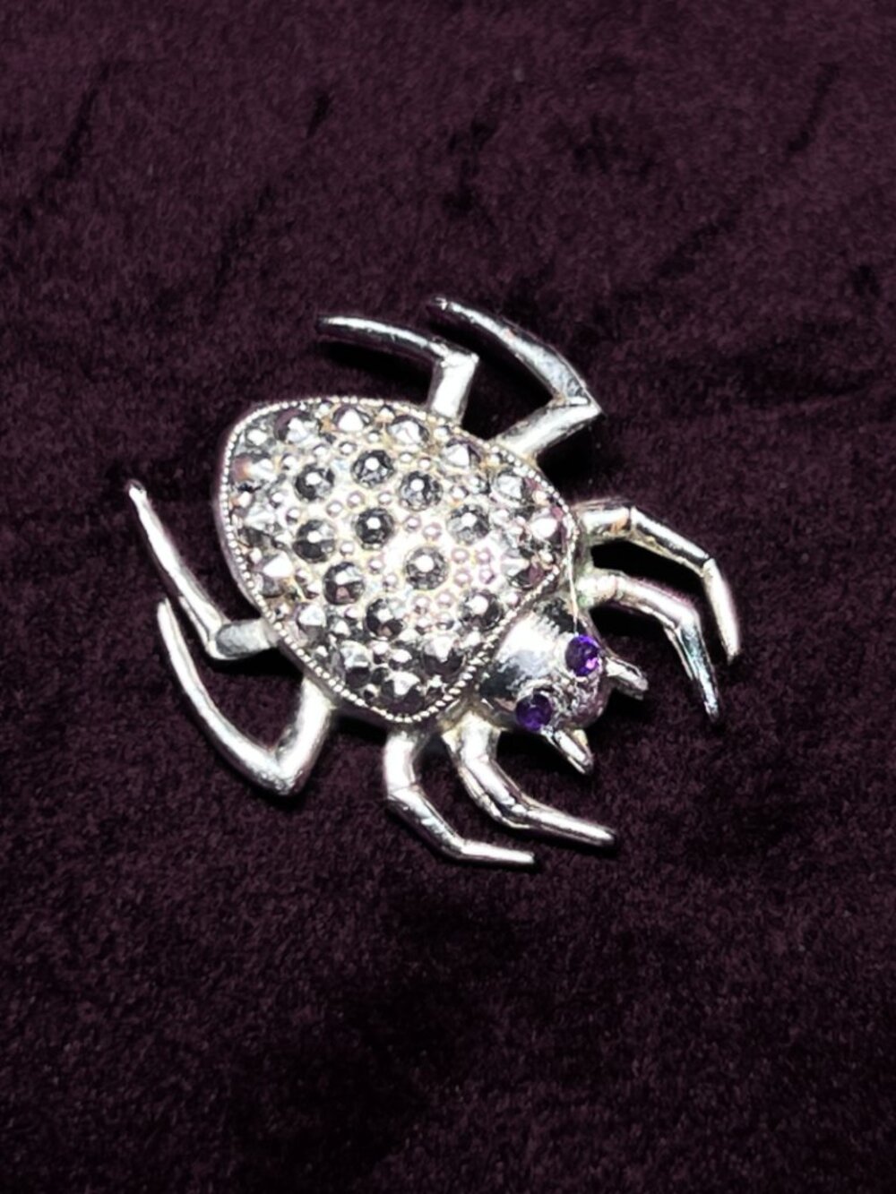 Vintage Silver Spider Brooch With Purple Rhinestone eyes